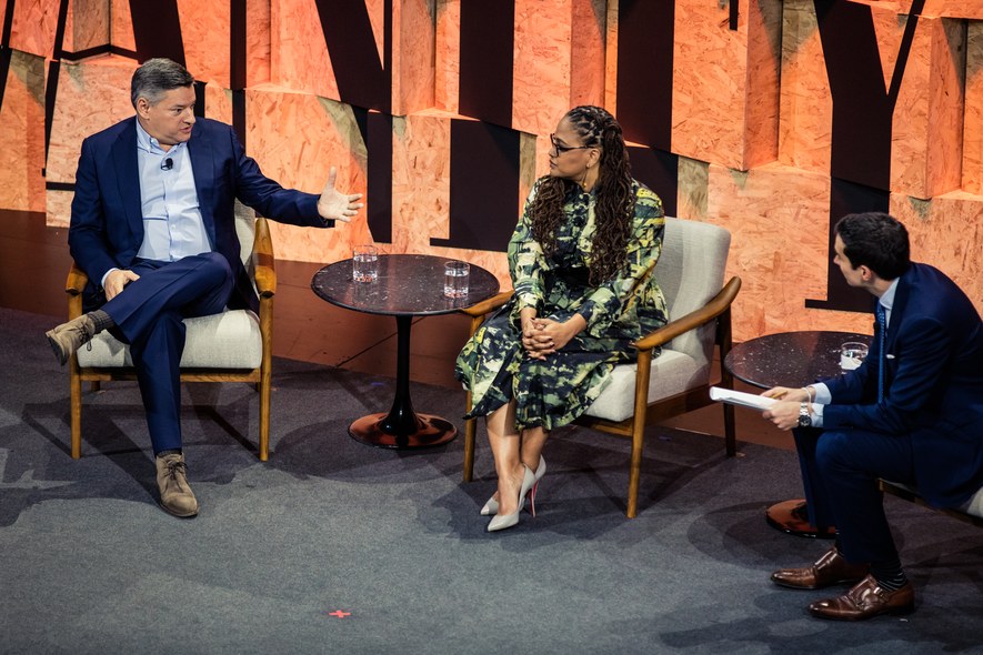 Ted Sarandos, chief content officer, Netflix, filmmaker Ava DuVernay, and Andrew Ross Sorkin during the panel Platform Thriving: Storytelling in the New Media Age. 