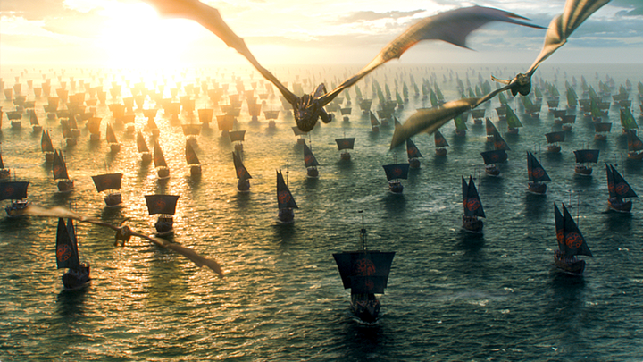 Just some dragons flying with ships.