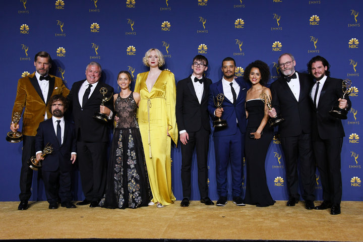 Cast and crew of &ldquo;Game of Thrones&rdquo; pose with their Outstanding Drama Series at the Emmy Awards on September 17, 2