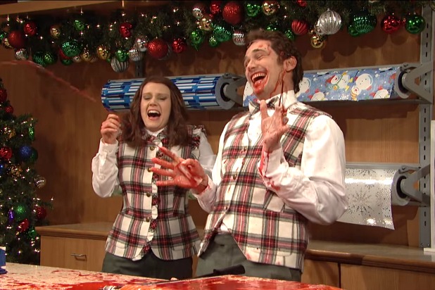 snl saturday night live james franco christmas gift wrapper bleeding everywhere