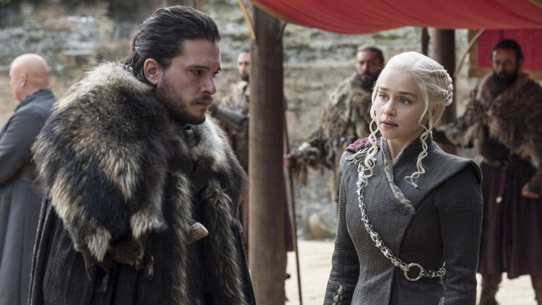 Kit Harington as Jon Snow and Emilia Clarke as Daenerys Targaryen in Game Of Thrones. Pic: Sky Atlantic/ HBO