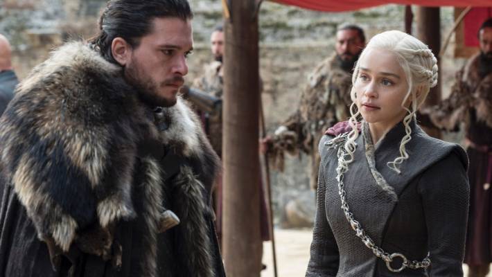 Kit Harington, left, and Emilia Clarke in a scene from the eighth and final season of Game of Thrones. 