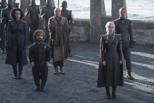 Television programme: Game Of Thrones. Season 07 First Look (L-R) Nathalie Emmenuel as Missandei Peter Dinklage as Tyrion Lannister Conleth Hill as Lord Varys Emilia Clarke as Daenerys Targaryen Jacob Anderson as Grey Worm ?2017 Macall B. Polay/HBO