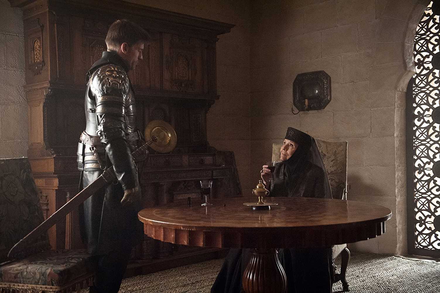 Nikolaj Coster-Waldau (Jaime Lannister) and Diana Rigg (Olenna Tyrell) and in 'Game of Thrones'.
(Source: IMDB)