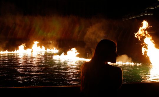 The fountains on fire.