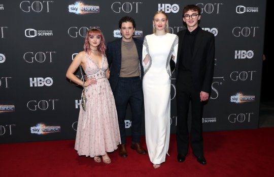 Maisie Williams, Kit Harington, Sophie Turner, and Isaac Hempstead Wright attending the Game of Thrones Premiere, held at Waterfront Hall, Belfast. PRESS ASSOCIATION Photo. Picture date: Friday April 12, 2019. See PA story SHOWBIZ Thrones. Photo credit should read: Liam McBurney/PA Wire