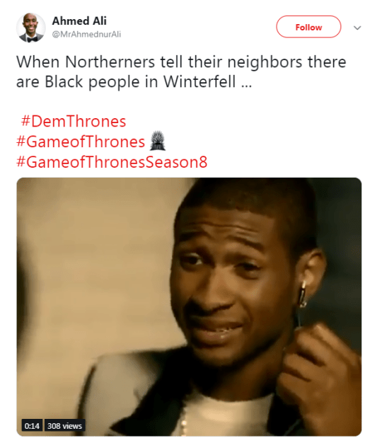 Twitter had a field day over the Game of Thrones moment as Missendei and Greyworm arrived in Winterfell (Picture: Twitter)