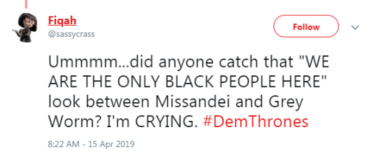 Twitter had a field day over the Game of Thrones moment as Missendei and Greyworm arrived in Winterfell (Picture: Twitter)