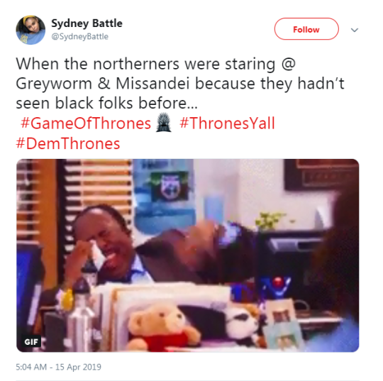 Twitter had a field day over the Game of Thrones moment as Missendei and Greyworm arrived in Winterfell (Picture: Twitter)
