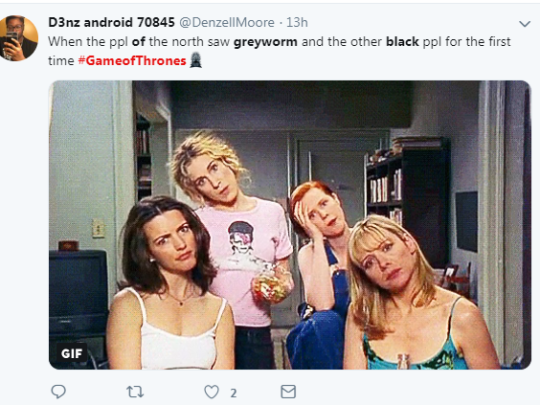 Twitter had a field day over the Game of Thrones moment as Missendei and Greyworm arrived in Winterfell (Picture: Twitter)