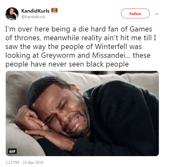 Twitter had a field day over the Game of Thrones moment as Missendei and Greyworm arrived in Winterfell (Picture: Twitter)
