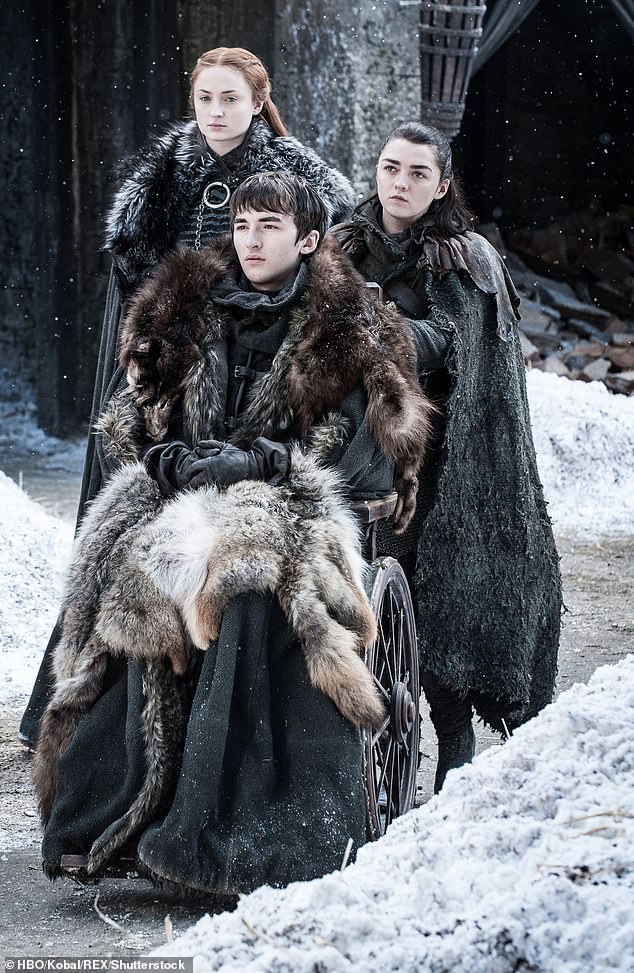 Long term character! He has starred as Bran Stark in Game of Thrones since its premiere episode back in 2011. Pictured: Isaac as Bran with Sophie Turner as Sansa Stark (left) and Maisie Williams as Arya Stark (right)