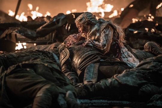 Daenerys Targaryen (Emilia Clarke), right, mourns over her fallen protector, Jorah Mormont (Iain Glen) in 'The Long Night' episode of 'Game of Thrones.'