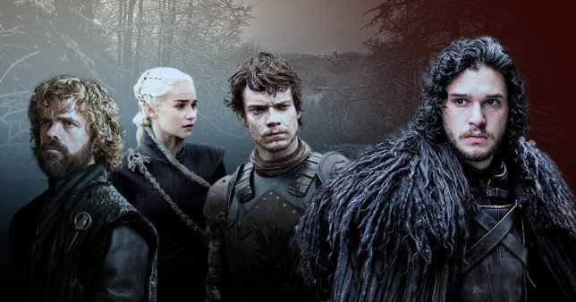 Tyrion Lannister, Daenerys Targaryen, Theon Greyjoy and Jon Snow in front of a winter forest