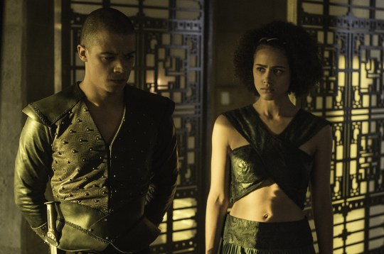Jacob Anderson as Grey Worm, Nathalie Emmanuel as Missandei in Game of Thrones
