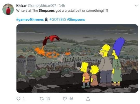 Tweet about the Game of Thrones episode of the Simpsons