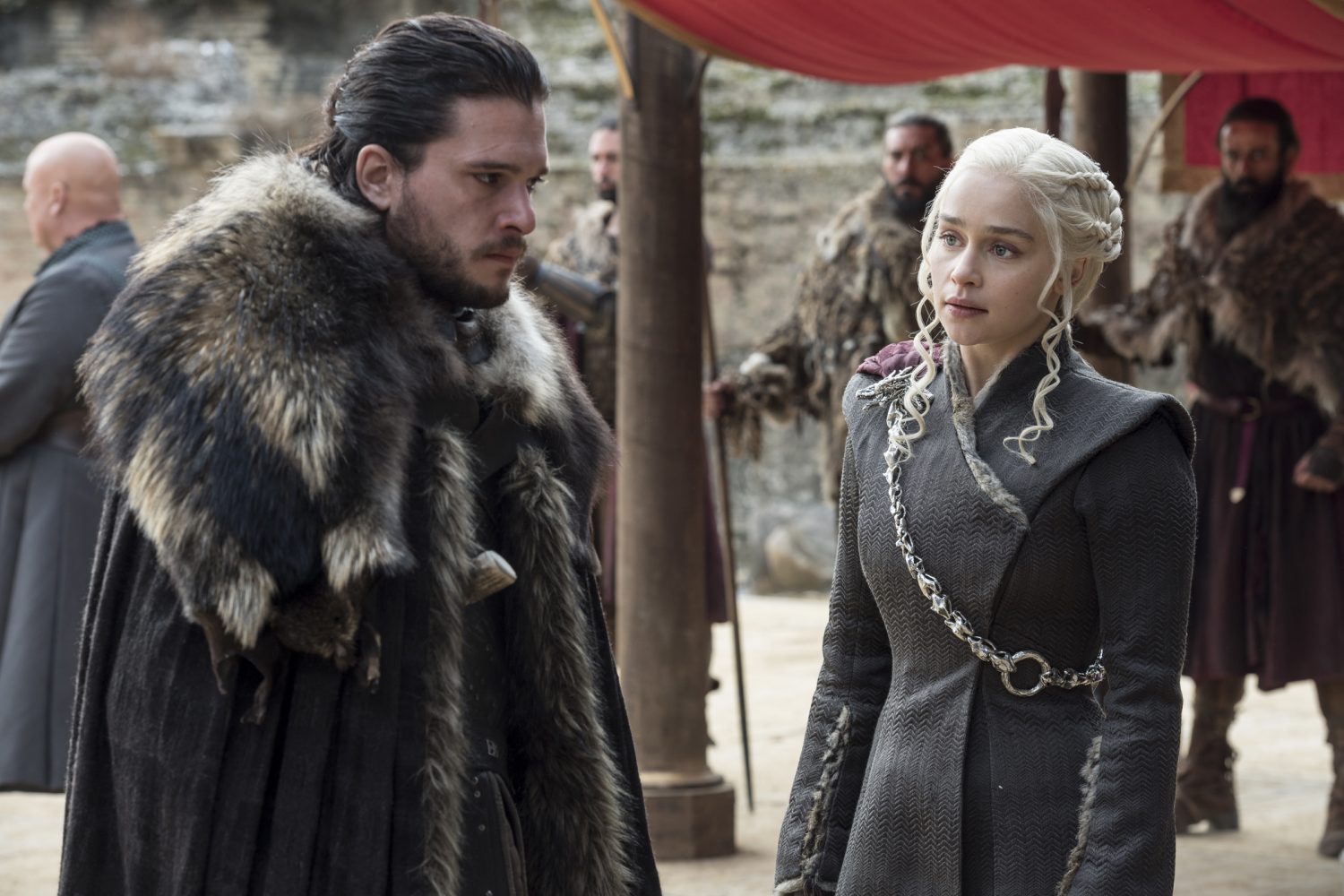 This image released by HBO shows Kit Harington, left, and Emilia Clarke on the season finale of "Game of Thrones." (Macall B. Polay, HBO via AP)