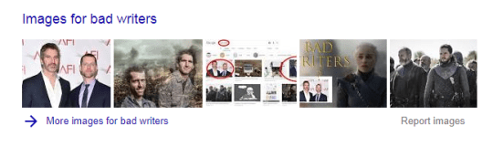 Screenshot of google results for 'bad writers' with Game of Thrones writers