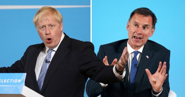 Boris Johnson next to picture of Jeremy Hunt at the Conservative Party leadership hustings in Belfast today 