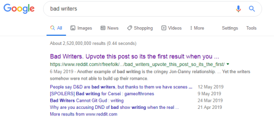 Screenshot of 'bad writers' google search with Reddit Game of Thrones thread