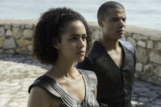 Jacob Anderson as Grey Worm, Nathalie Emmanuel as Missandei in Game of Thrones
