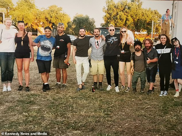 Pictured left to right: A behind-the-scenes shows Game of Thrones actors Gwendoline Christie, Jacob Anderson, Kit Harrington, Sophie Turner, Peter Dinklage and Maisie Williams with their stand-ins