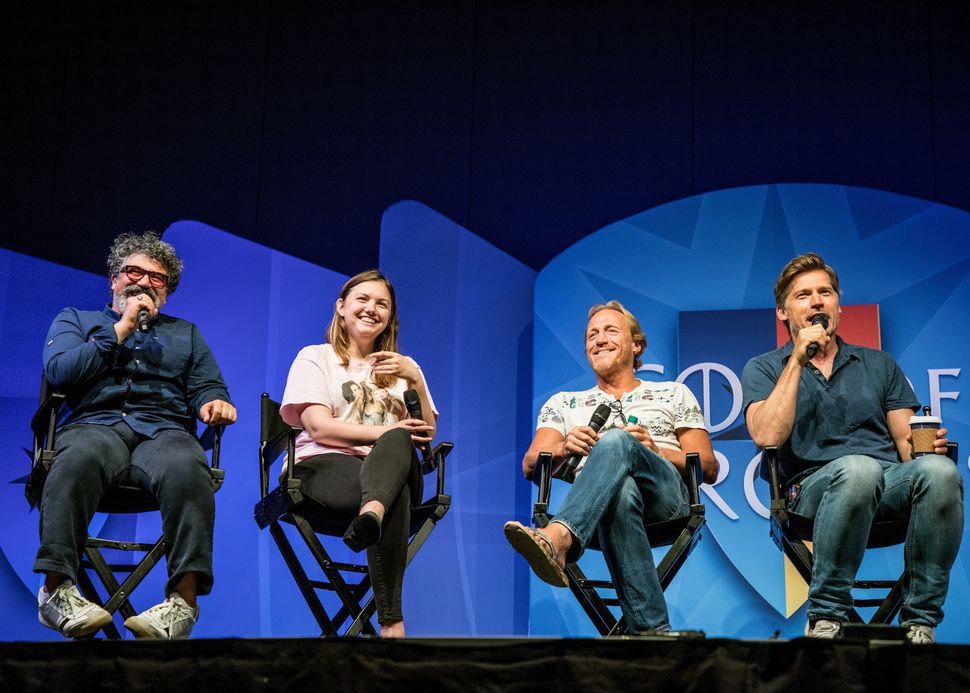 Actors Miltos Yerolemou, Hannah Murray, Jerome Flynn and Nikolaj Coster-Waldau answer questions during an interview for the 2