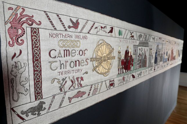 Undated handout photo issued by the Bayeux Museum of the Game of Thrones tapestry at the Hotel Du Doyen where it is being displayed, a short distance from the Bayeux Tapestry Museum. PA Photo. Picture date: Friday September 13, 2019. Created almost a thousand years later than the original tapestry, the Game Of Thrones tapestry is no less bloody, with the violent scenes the HBO series is famous for intricately recreated. See PA story SHOWBIZ Thrones. Photo credit should read: Bayeux Museum/PA Wire