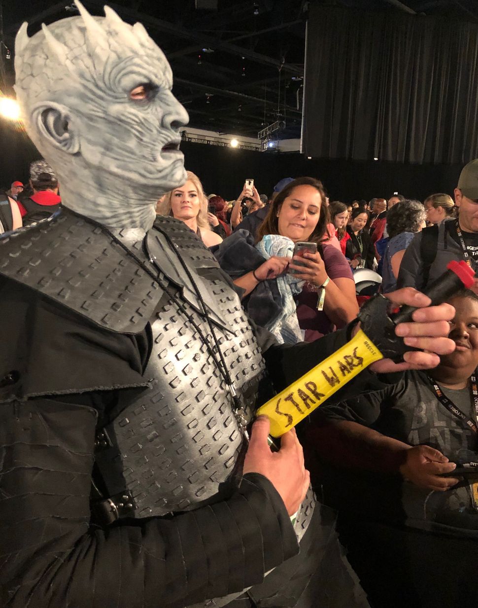 A Night King cosplayer with a dagger saying &ldquo;Star Wars&rdquo; on the side at Comic-Con. Fans had accused the showrunner