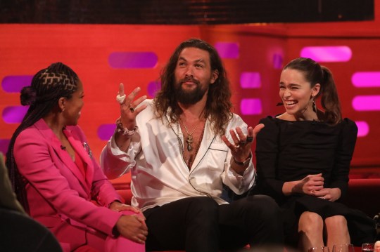  Regina King, Jason Momoa and Emilia Clarke during the filming for the Graham Norton Show