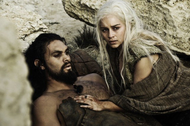 Emilia Clarke as Daenerys, Jason Momoa as Khal Drogo