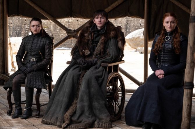 Maisie Williams as Arya Stark, Isaac Hempstead Wright as Brandon Stark, and Sophie Turner as Sansa Stark, as seen in Season 8 of HBO's 'Game of Thrones
