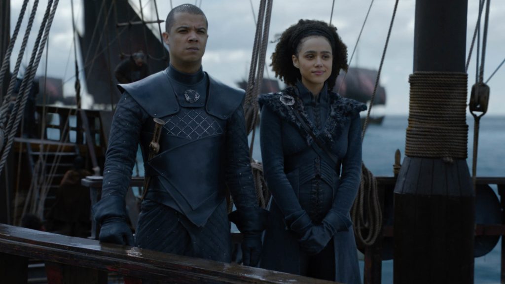Jacob Anderson (Grey Worm) and Nathalie Emmanuel (Missandei) in Game of Thrones season 8