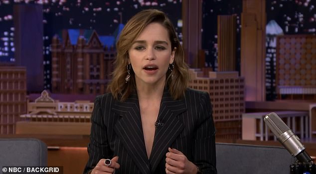 Emilia Clarke (pictured), 33, who played Daenerys Targaryen, later said co-star Hill, who portrayed master of spies Lord Varys, admitted being responsible. But the actor, 54, said: 'I would need to have had Mr Man arms to leave a coffee cup there'