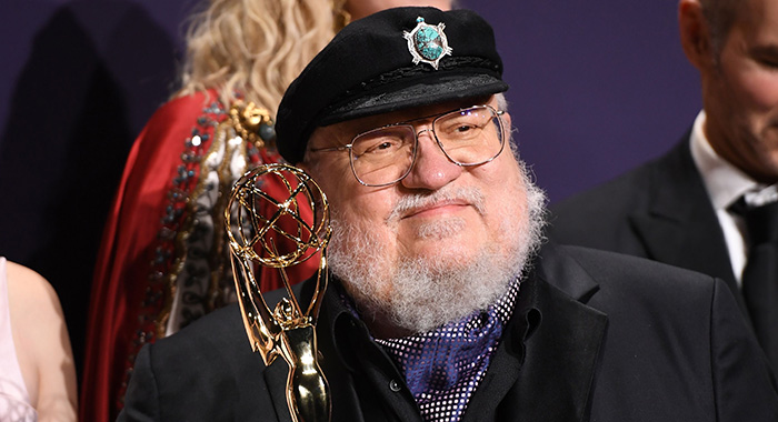 US novelist George R. R. Martin poses with the Emmy for Outstanding Drama Series "Game Of Thrones" during the 71st Emmy Awards at the Microsoft Theatre in Los Angeles on September 22, 2019. (Photo by Robyn Beck / AFP) (Photo credit should read Robyn Beck/AFP via Getty Images)