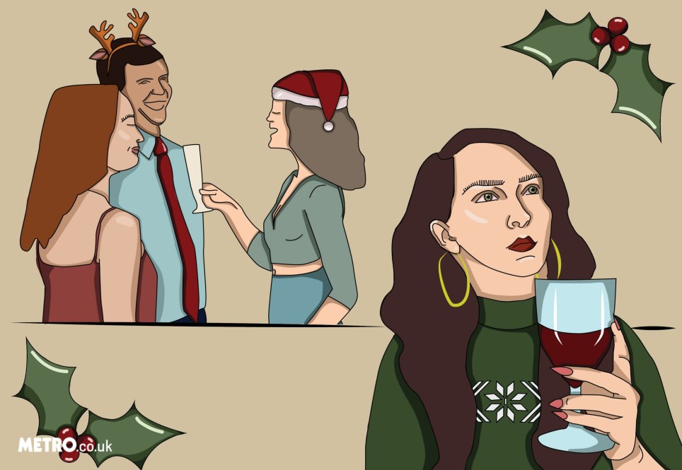 Illustration of woman holding glass of wine at Christmas