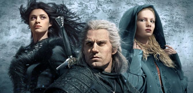Anya Chalotra as Yennefer, Henry Cavill as Geralt, and Freya Allan as Ciri, as seen in promotional poster for Season 1 of Netflix's 'The Witcher'