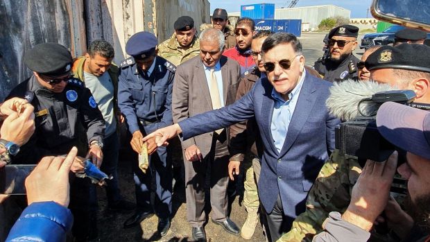 Fayez al-Sarraj, prime minister of Libya’s UN-recognised Government of National Accord, visits the port in Tripoli on February 20th after it was hit by rocket fire. Photograph: Mahmud Turkia/AFP via Getty Images