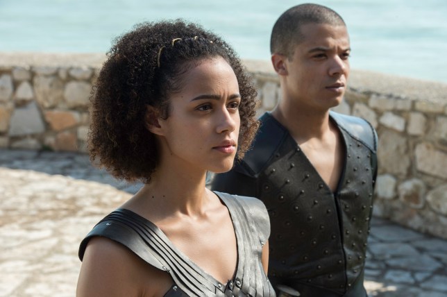 Jacob Anderson as Grey Worm, Nathalie Emmanuel as Missandei in Game of Thrones