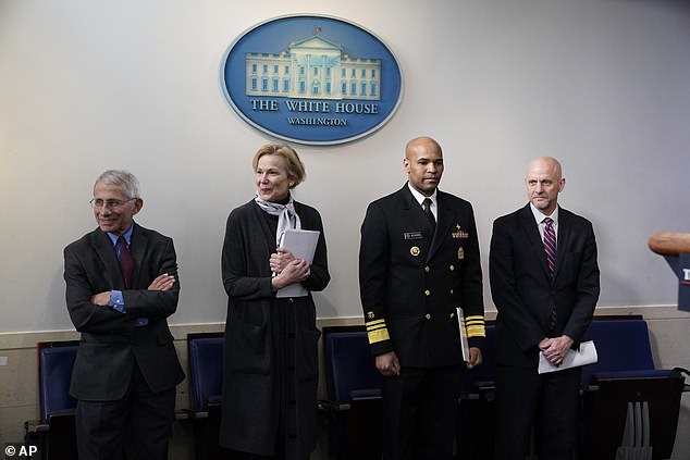 Some sources pointed out that the Situation Room for the crisis has turned into a 'Game of Thrones' where officials anticipate a daily seating chart and list of speakers. Coronavirus Task Force members (left to right) Dr. Anthony Fauci, coordinator Dr. Deborah Birx, Surgeon General Jerome Adams, and Food and Drug Administration Commissioner Dr. Stephen Hahn