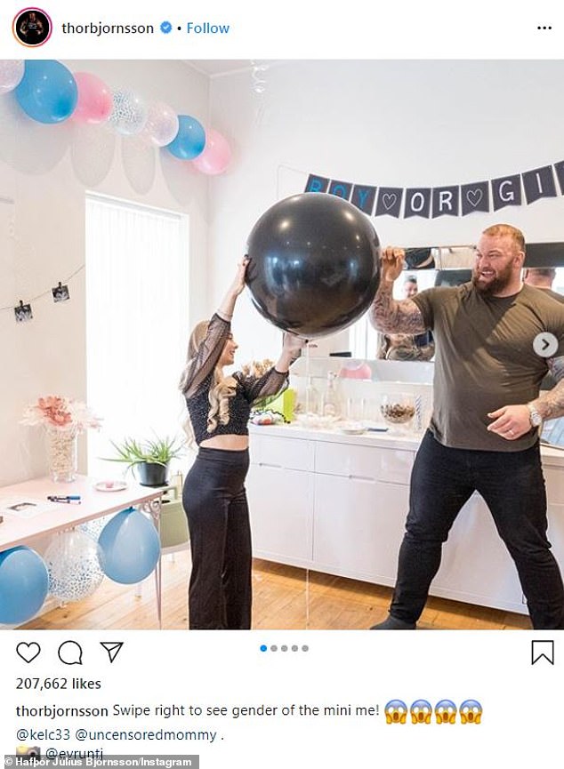 Fun day: Game of Thrones star Hafþór Júlíus Björnsson, 31, and his wife Kelsey Henson, 30, did a gender reveal on Instagram Friday, with a black balloon bursting with blue confetti indicating that they're expecting a baby boy