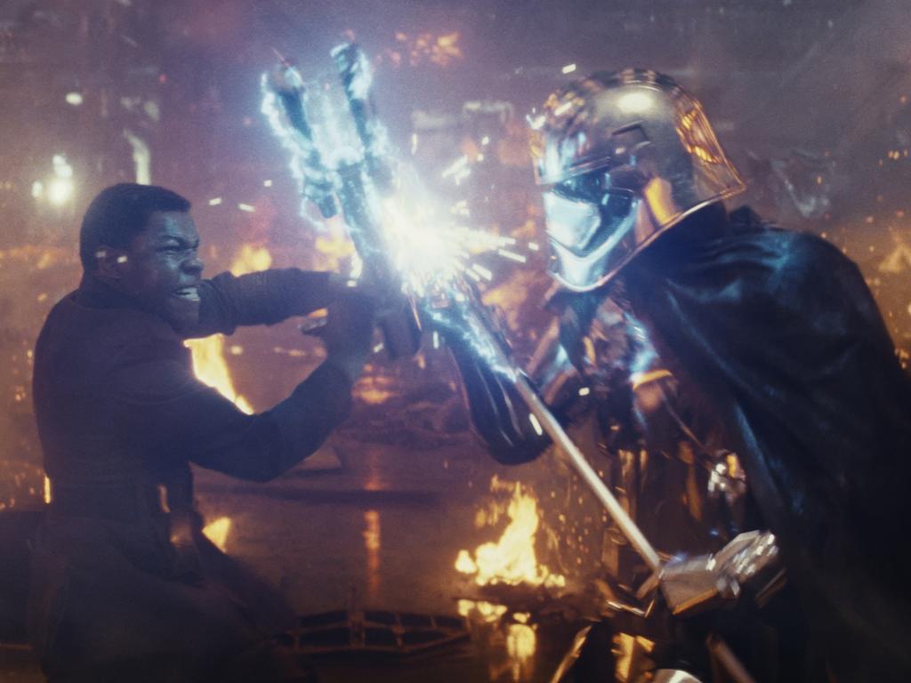 Finn (John Boyega) battling Captain Phasma (Gwendoline Christie) in The Last Jedi. Picture: Lucasfilm