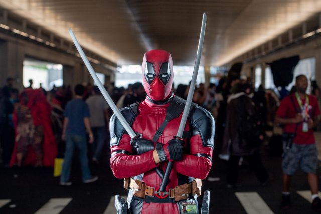 A fan cosplays as Deadpool in New York Comic-Con