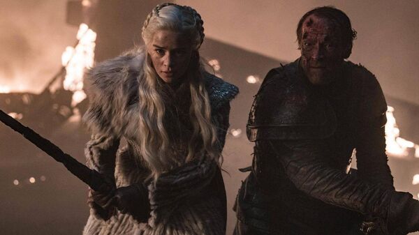 Emilia Clarke and Iain Glen in Game of Thrones. 