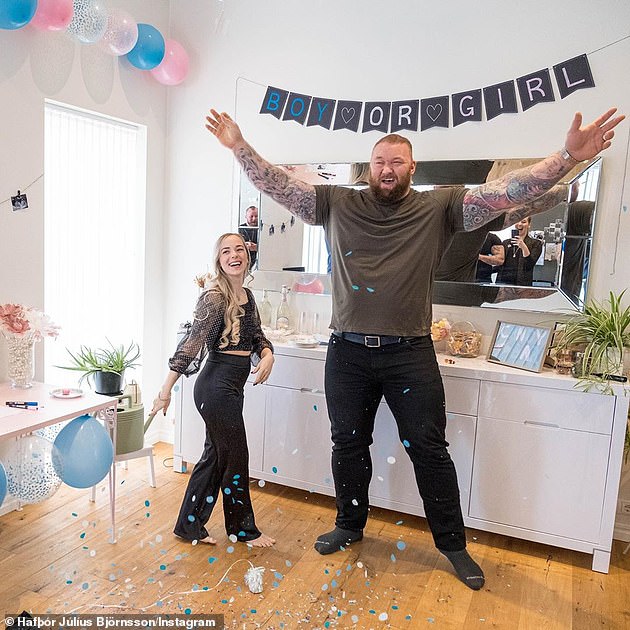 Joyous: Hafthor announced his wife Kelsey's pregnancy last April, alongside photos from their gender reveal party