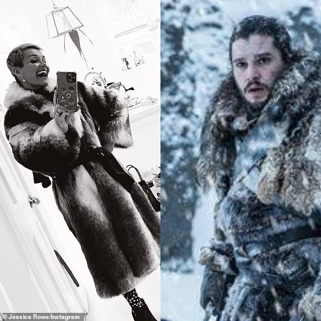 Winter is here: Jessica Rowe [left] made a fashion statement in a cosy fur coat on Thursday, and she asked her fans who wore the look better - herself or Game Of Thrones hero Jon Snow