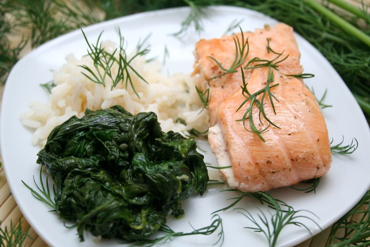 salmon with white rice and spinach