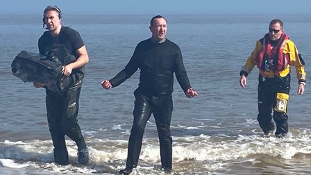Ralph Ineson in the sea at Hemsby