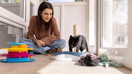 Emily Carey sitting with a black cat.