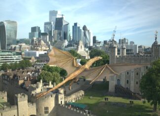 Eight‑metre tall Syrax replica soars over London as part of House of the Dragon Season 3 promotions